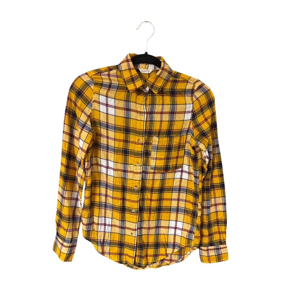 Aeropostale Womens XS Yellow Plaid Flannel Button Down Shirt‎ Rayon Blend Pocket